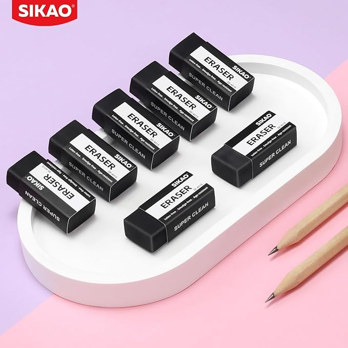 Black Erasers, 6 Pack Block Pencil Erasers – Smudge-Free Latex-Free Art Erasers for Kids & Adults Artists, Clean Erase for School, Homework, Office & Drawing