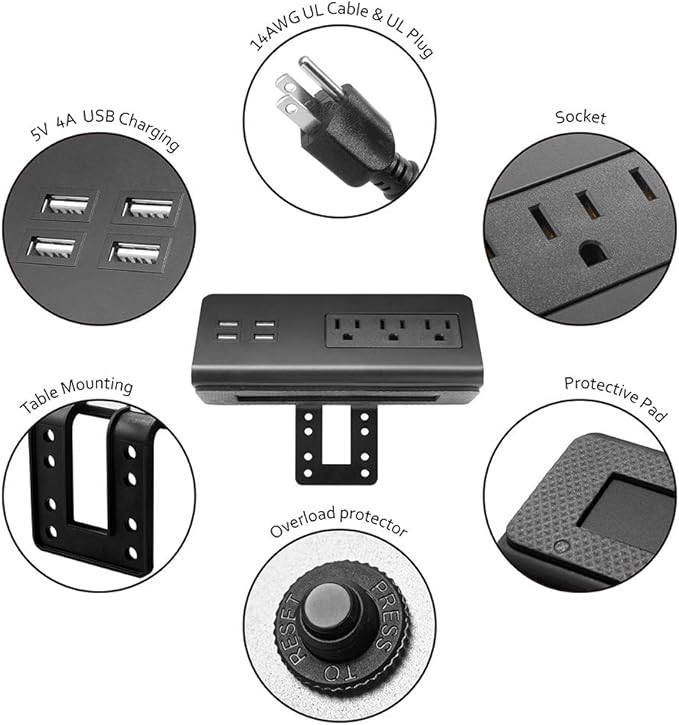 Emerising 2-Pack Desk Edge Mount Power Strips with 4 USB Ports & 3 AC Power Outlets for Home and Office Desktop Charging Bucket