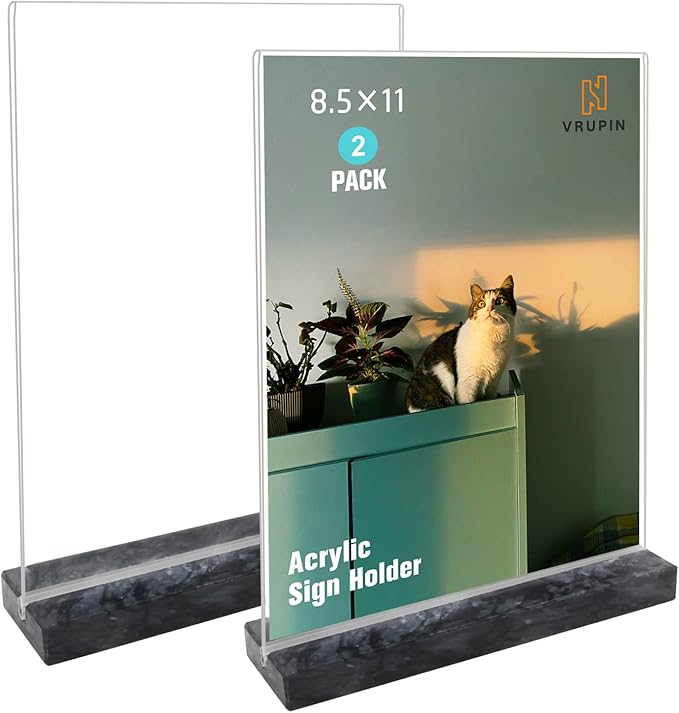 vrupin 2 Pack 8.5x11 Acrylic Sign Holder, Acrylic Frame Natural Marble Base, Clear Plastic Sign Holder Picture Photo Frames, Flyer Document Paper Display Stand for Office Desktop (black marble)