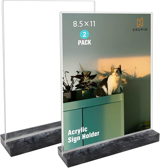 vrupin 2 Pack 8.5x11 Acrylic Sign Holder, Acrylic Frame Natural Marble Base, Clear Plastic Sign Holder Picture Photo Frames, Flyer Document Paper Display Stand for Office Desktop (black marble)