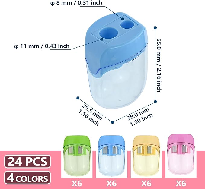 Small Pencil Sharpener for Kids, BOPART 24pcs Colored Pencil Sharpeners Manual Handheld Pencil Sharpener in Bulk for School Classroom Home Office, Dual Holes Sharpener Work on Crayon or Makeup Pencils