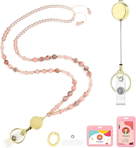 AIDSOTOU Lanyards for ID Badges and Keys,Natural Stone Beaded Teacher Lanyard for Women,Retractable Lanyard with ID Holder Cute Lanyards for Teachers（Pink）