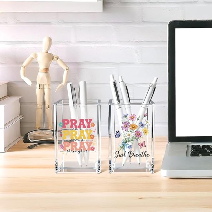 Vgrti Just breathe 2 Pack Acrylic Cosmetic Pencil Pen Holder Cup, Hope Inspirational Makeup Brush Organizer Holder, Women Faith Gifts, Christian Encouragement Gifts for Women Mom Daughter Teacher