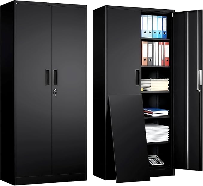 TaskStorz Metal Garage Storage Cabinets,71” Tall Metal File Cabinet with 5 Adjustable Shelves, Lockable Storage Cabinets for Office, Home, Garage, Warehouse 71" H x 32" W x 16" D (Black)
