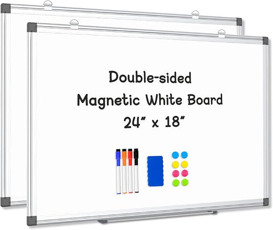 AMUSIGHT 2 Pack Double-Sided Magnetic Whiteboard, 24" x 18" Dry Erase Board, Aluminum Frame White Board for Wall, Hanging Mounting White Board Dry Erase Marker Board for Office, School, Home