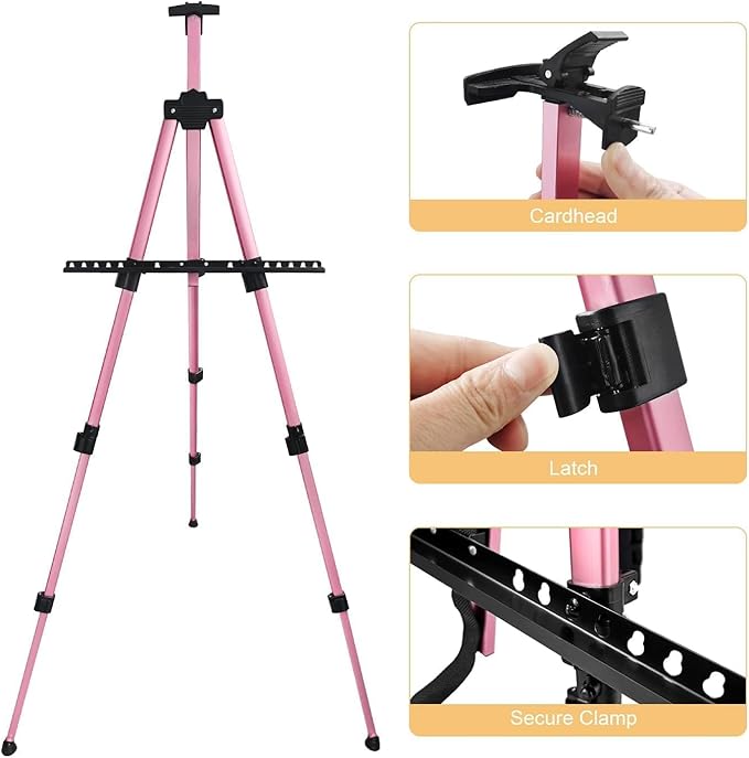 RRFTOK Artist Art Painting Easel Stand, Aluminum Metal Adjustable Easel for Painting Canvases Height from 17 to 66 Inch,Carry Bag for Table-Top/Floor Drawing,Painting and Displaying(2pack,Pink)