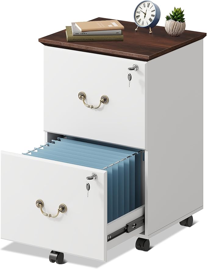 DEVAISE File Cabinet 2-Drawer, Small Office Furniture with Lock, Rolling Under Desk Filing Cabinet for Home Office, White