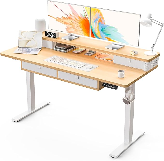 Kingant 55 x 24 Inch Electric Standing Desk with 4 Drawers, Height Adjustable Sit to Stand Computer Desk with Storage Shelf and C-Clamp Mount Compatibility for Home Office, Nature