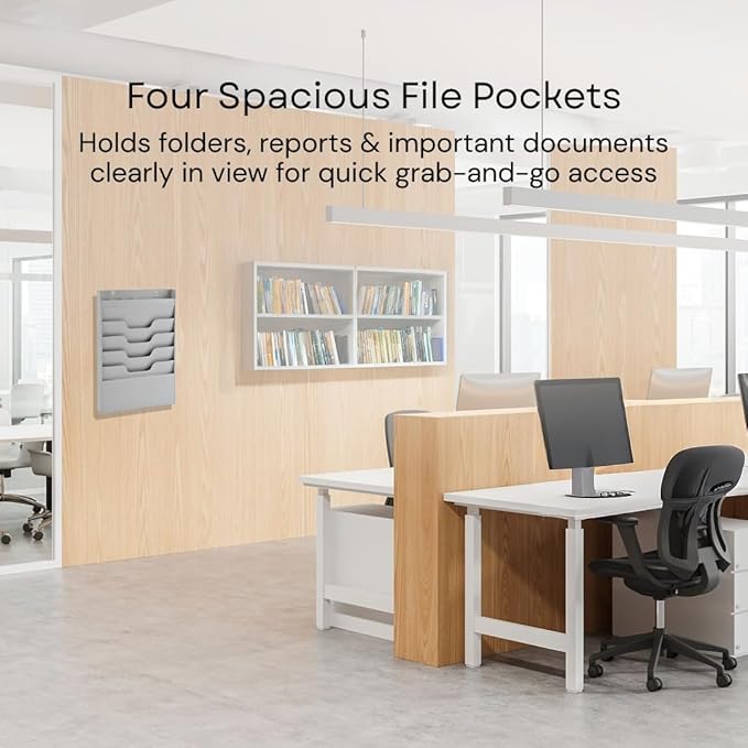 MAXXBUILD 4 Tier Wall Mounted File Organizer, Metal Task Rack for Office Documents, Mail & Folders, Space-Saving Office Wall Organizer, Graywhite 19.5”H