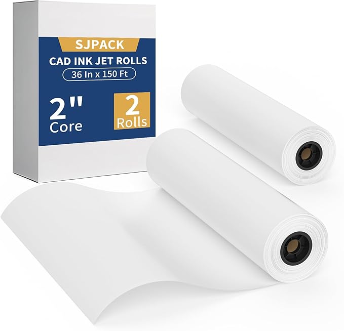 SJPACK Wide Format Paper Roll,36" x 150 ft Plotter Paper with 2 Inch Core for CAD and Inkjet Printing Premium Bond Papers for Engineering Architectural and Maps（2 roll）