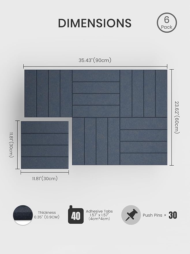 Bumusty Large Cork Board Alternative-36 x24 Felt Bulletin Board Tiles, with 30 Pushpins, 40 Adhesive Tabs, 6-Pack Slat Wall Paneling, Cork Boards for Office Push Pin Felt Board-Deep Charcoal Blue