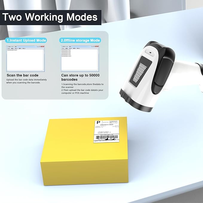 2D Handheld Wireless Barcode Scanner with Stand 3-in-1 Bluetooth bar Code Scanners - Cordless, Rechargeable 1D and 2D Barcode Scanner for Inventory - Wireless, Handheld, USB Bar Code/QR Code Scanner