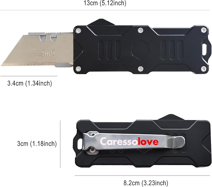 Caressolove Folding Utility Knife For Men, Double Action Auto Retractable Knife, EDC Self Retracting Box Cutter With Belt Clip, Assisted Opening Automatic Knife Push Button With 10pcs Extra Blades