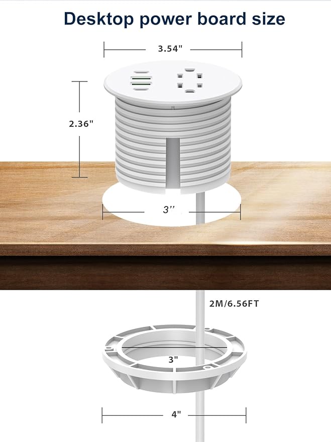 Recessed Power Grommet 3 inch with PD20W USB C Ports 2 AC Outlets,Recessed Outlet Fast Charging Station,Desk Hole Grommet Outlets,Round Desktop Power Grommet Outlet for Office,Home (White, 20W USB)