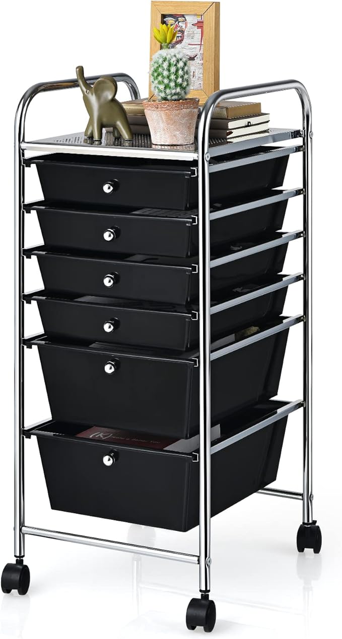 Giantex Rolling Storage Cart with 6 Drawers, Multipurpose Mobile Organizer Cart for Tools Scrapbook Paper Home Office School (Black)