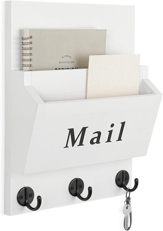 Lucundm Mail and Key Holder - Decorative 8.86" x 11.42" Wall Key Hanger with 2 Mail Organizer Slots and 3 Hooks - Real Paulownia Wood with Keyhole Brackets, Hardware and Instructions (White)