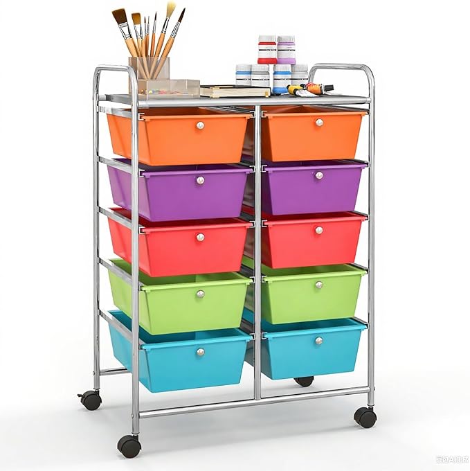 GLACER 10 Drawer Rolling Cart, Storage Cart with Lockable Whieels & Metal Frame, Trolley for Art Craft Oganizer, Mobile Utility Cart for Office, School, Classroom, Kitchen (Rainbow Color)