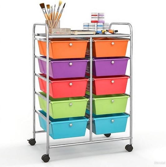 GLACER 10 Drawer Rolling Cart, Storage Cart with Lockable Whieels & Metal Frame, Trolley for Art Craft Oganizer, Mobile Utility Cart for Office, School, Classroom, Kitchen (Rainbow Color)