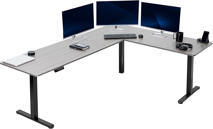 VIVO Electric Corner 84 x 63 inch L-Shaped Standing Desk, Memory Height Adjustment, Dark Gray Top Black Frame, DESK-E3CTBG-84