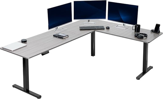VIVO Electric Corner 84 x 63 inch L-Shaped Standing Desk, Memory Height Adjustment, Dark Gray Top Black Frame, DESK-E3CTBG-84