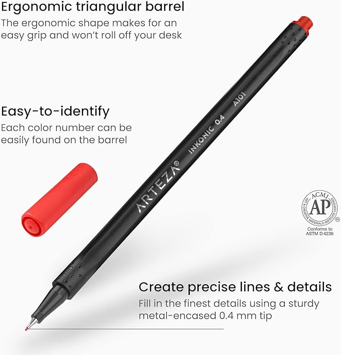ARTEZA Inkonic Fineliners Fine Point Pens, Set of 24 Fine Tip Markers with Color Numbers, 0.4mm Tips, Ergonomic Barrels, Brilliant Assorted Colors for Coloring, Drawing & Detailing