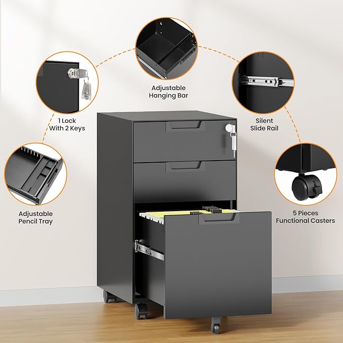 AFAIF 3 Drawer File Cabinet with Lock, Fully Assembled Metal Mobile Filing Cabinets for Home Office, Small Rolling File Caninet on Wheels for Legal/Letter / A4 File, Black