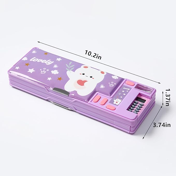 Pop Up Multifunction Pencil Case, Cute Cartoon Pen Box Organizer Stationery with Calculators, Sharpener, Schedule, School Supplies, Best Birthday Gifts for Kids Teens (Purple)