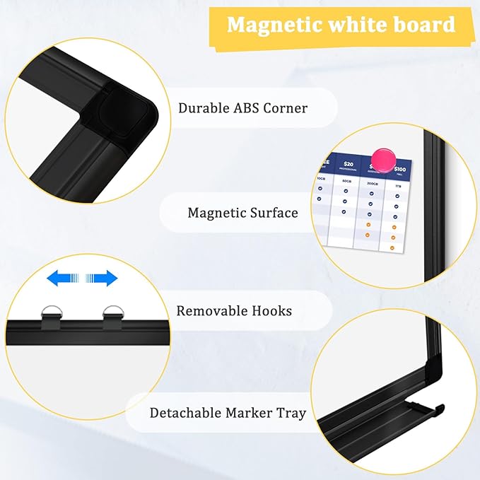 AMUSIGHT Double-Sided Magnetic Whiteboard, 36" x 24" Dry Erase Board Black Aluminum Frame for Wall, White Board Dry Erase Marker Board for Kitchen, Memo, School, Home, Office