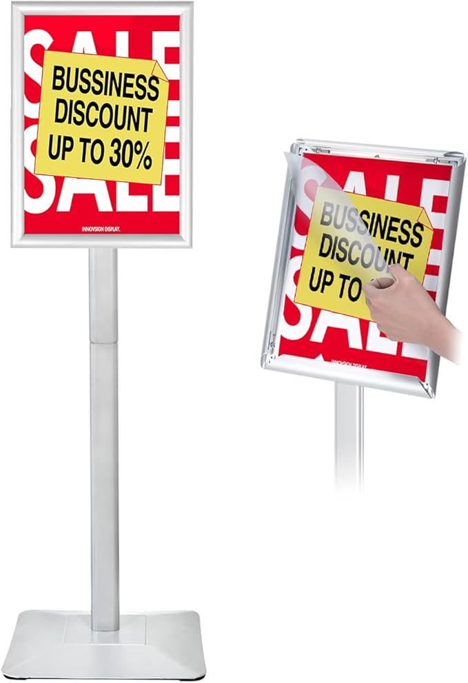 INNOVSIGN Heavy Duty Adjustable Pedestal Poster Sign Stand, 11x17 Aluminum Open Floor Standing Sign Holder for Vertical and Horizontal View Display, Silver