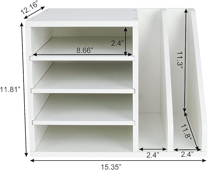 PAG Wood Desktop File Holder Organizer Mail Sorter, White, 15.35" W x 12.16" D x 11.81" H