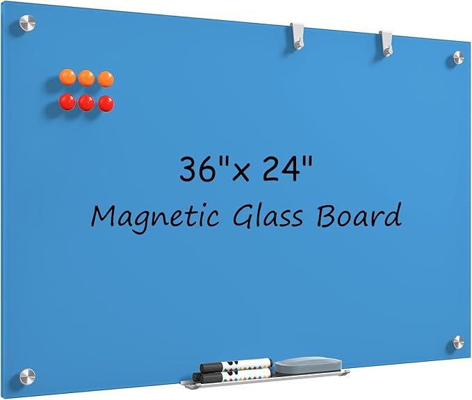 MaxGear Glass Whiteboard, Tempered Magnetic Dry Erase Board Blue, Frameless Wall Mounted, Office Classroom Conference Room Home Use, Includes Markers, Eraser, Magnets & Mounting Kit