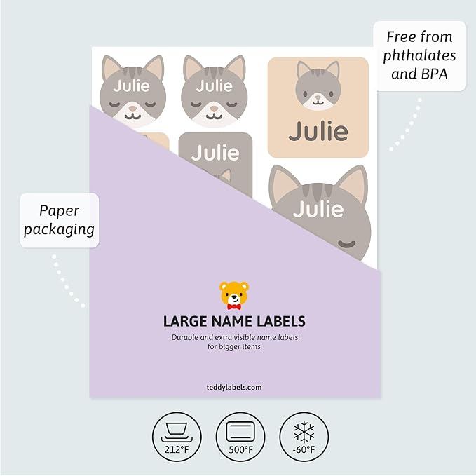Large Name Labels for Kids (33) - Custom Stickers for Daycare and School Supplies - Durable, Waterproof Stickers for Water Bottles, Lunch Boxes, and More with Unique Designs - Kitten