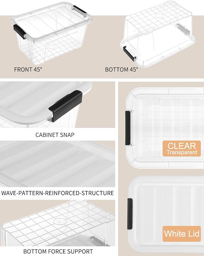 EOENVIVS Plastic Storage Bins with Lids 6 Pack, 7 Quart Storage Containers with Black Buckle Latch, Stackable Storage Containers for Home Pantry Office Classroom Organization, White