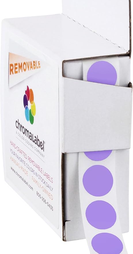 ChromaLabel 0.50 Inch Round Label Removable Color Code Dot Stickers, 1000 Labels per Dispenser Box, Lavender
