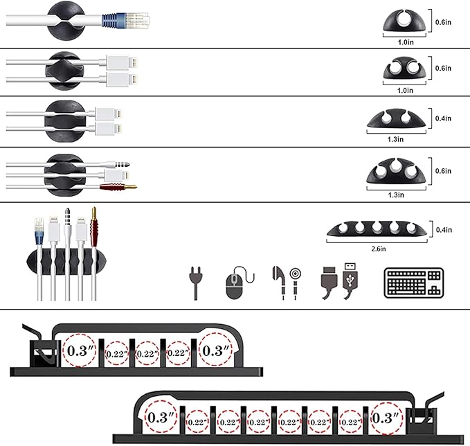DRIVUU White Cable Management Organizer Kit 4 Cable Sleeve Split,47Cable Clips 12Cord Clips Holder,22 Cable Ties, 20 Adhesive Wall Cable Tie, 200Fasten Cable Ties for TV Electronics