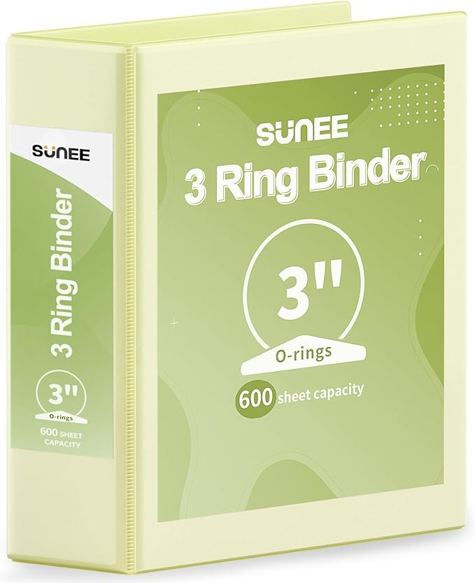 SUNEE 3 Ring Binder 3 Inch 1 Pack, Clear View Binder Three Ring PVC-Free (Fit 8.5x11 Inches) for School or Office Supplies, Light Yellow