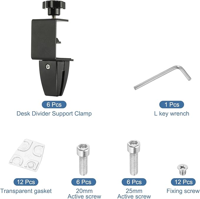 PATIKIL 6 Pcs 1/8" to 1/2" Adjustable Desk Divider Partition Clips, Aluminum Sneeze Guard Support Clamps Desktop Divider Clips for Offices Stores, Counter Privacy Panel,Black