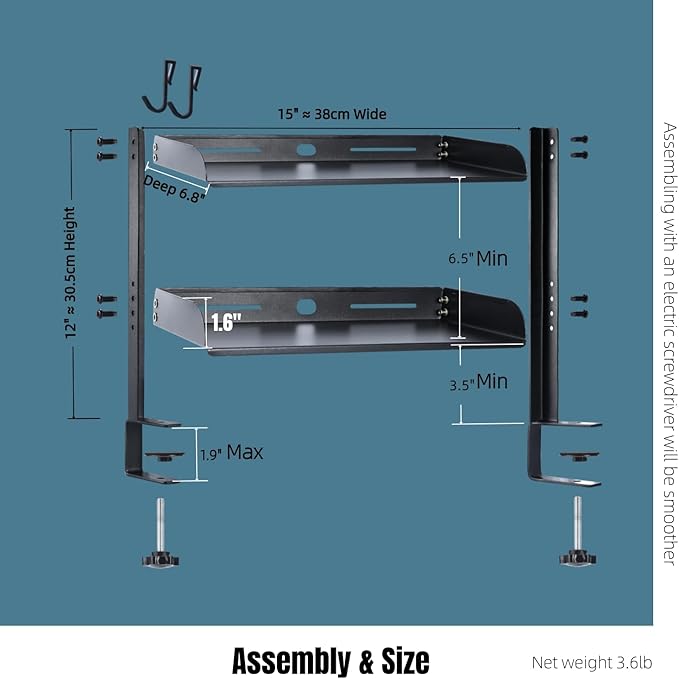 Yuxh Clamp On Desk Shelf 2 Tier Cilp Under Table Organizer, Black-S, 15 inch