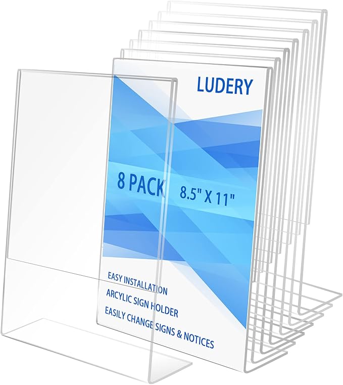 Ludery 8.5x11 Inches Acrylic Sign Slant Back Holder, Plastic Display Stand,Brochure Holder, Table Top Sign Holder For Office, Home, Store, Restaurant (8pack)