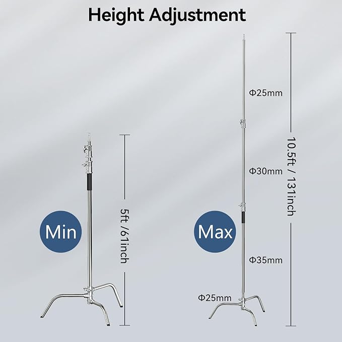 2 Pack Photography C Stand: 100% Stainless Steel - Max Height 10.5ft/131inch Heavy Duty Light Stand