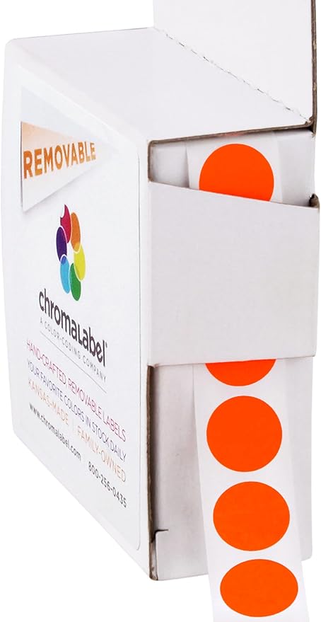 ChromaLabel 0.50 Inch Round Label Removable Color Code Dot Stickers, 1000 Labels per Dispenser Box, Fluorescent Red-Orange