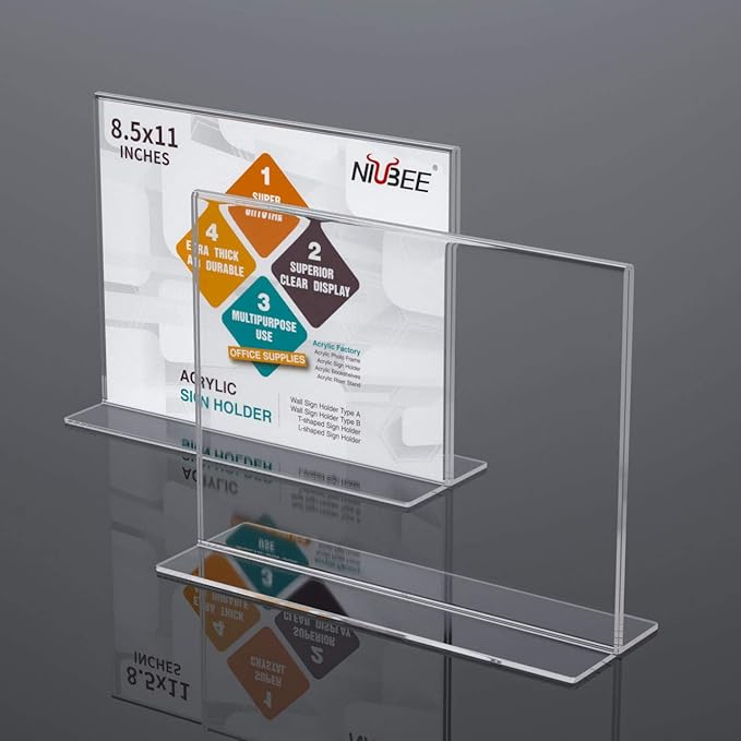 NIUBEE Acrylic Sign Holder 8.5x11 Inches 6 Pack Horizontal, T Shape Double Sided Clear Frames, Plastic Paper Flyer Display Holder, Document Menu Table Stand for Office, Store -Landscape