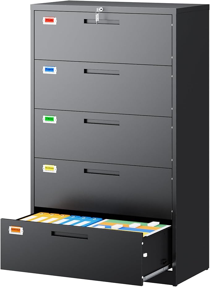 PEUKC 5 Drawer File Cabinet, Lateral Filing Cabinets for Home Office, Office Storage Drawers with Lock, Hanging Files Legal/Letter A4 Size (Assemble Required,Black)