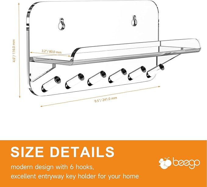 Beego Entryway Key Holder for Wall - Clear Acrylic Key Rack with Shelf Decorative Key Hanger Wall Mount Mail Organizer with 6 Key Hooks for Office Hallway Kitchen Living Room Home Décor