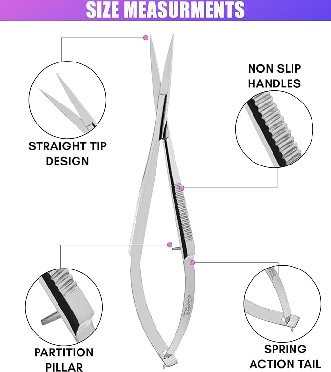 Cross Edge Spring Scissors 5 Inch straight Stainless Steel Precision Eyebrow & Eyelash Shaping & Trimming Scissor, Snips Squeeze, Embroidery, Knitting Micro Tip Craft Scissors (Silver)