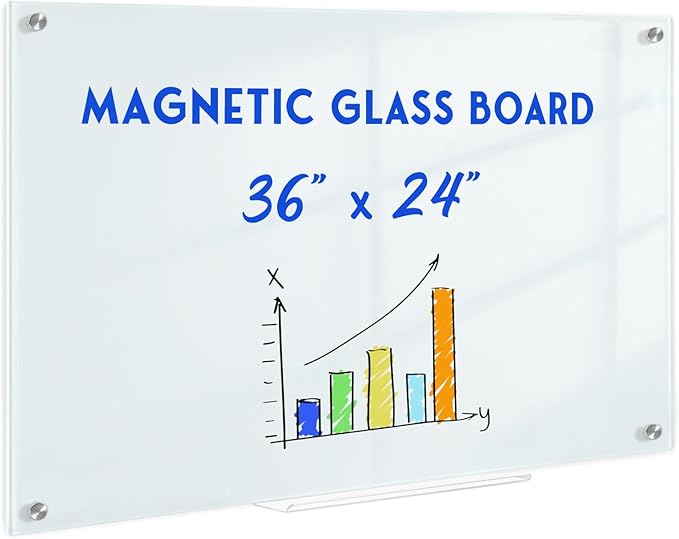 Magnetic Glass Whiteboard for Wall, 36" x 24" Glass Dry Erase Board, Large Frameless White Board for Home and Office with 1 Marker Tray - Normal White