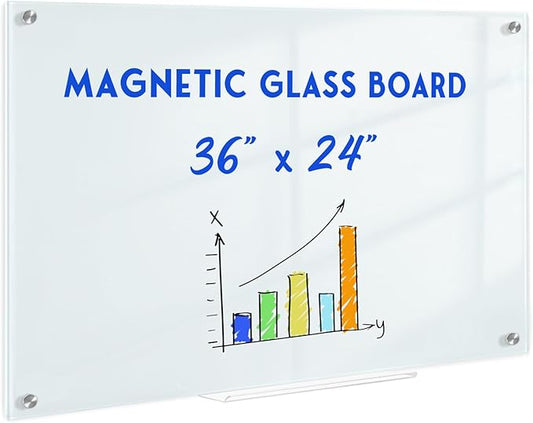 Magnetic Glass Whiteboard for Wall, 36" x 24" Glass Dry Erase Board, Large Frameless White Board for Home and Office with 1 Marker Tray - Normal White