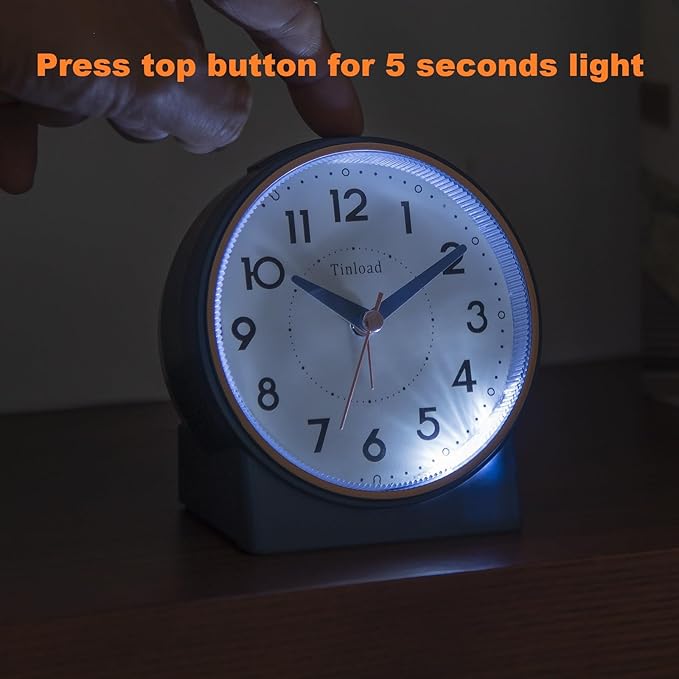 Tinload 4.3" Retro Analog Alarm Clock, Vintage Decor, No Ticking Silent, Easy to Set, Gradual Rise Alarm, On/Off Switch on Side, Gentle Wake, Snooze, Lighted on Demand, Battery Operated, Retro Blue
