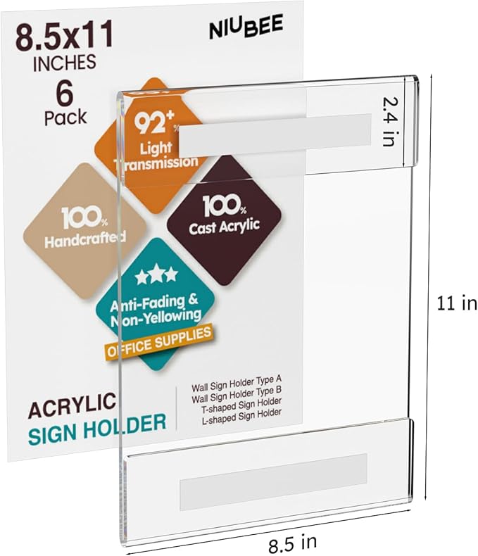 NIUBEE 8.5x11 Clear Acrylic Plexi Sign Holders with Double Sided Adhesive Tape, Wall Sign Memo Document Menu Holder for Office, Home, Store, Restaurant-No Drilling (6 Pack)