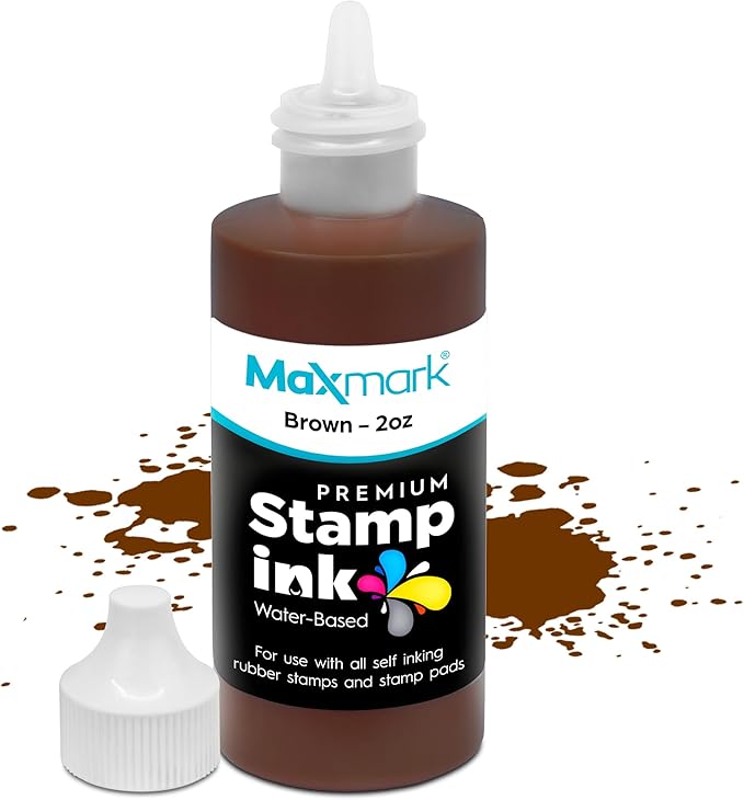 MaxMark Premium Refill Ink with Control Tip Bottle for Self-Inking Stamps, Brown Color - 2 oz.
